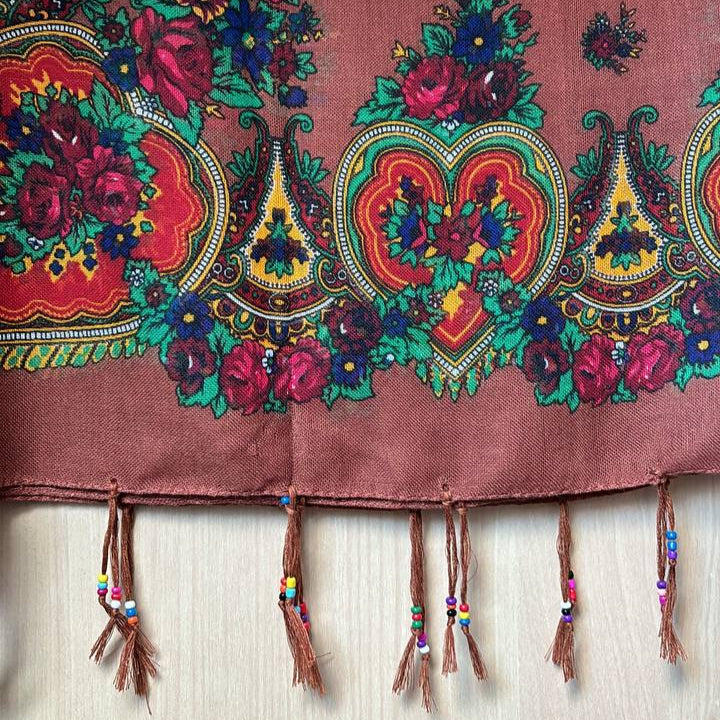 Kurdish Floral Pattern Scarf – Warm Chestnut Brown