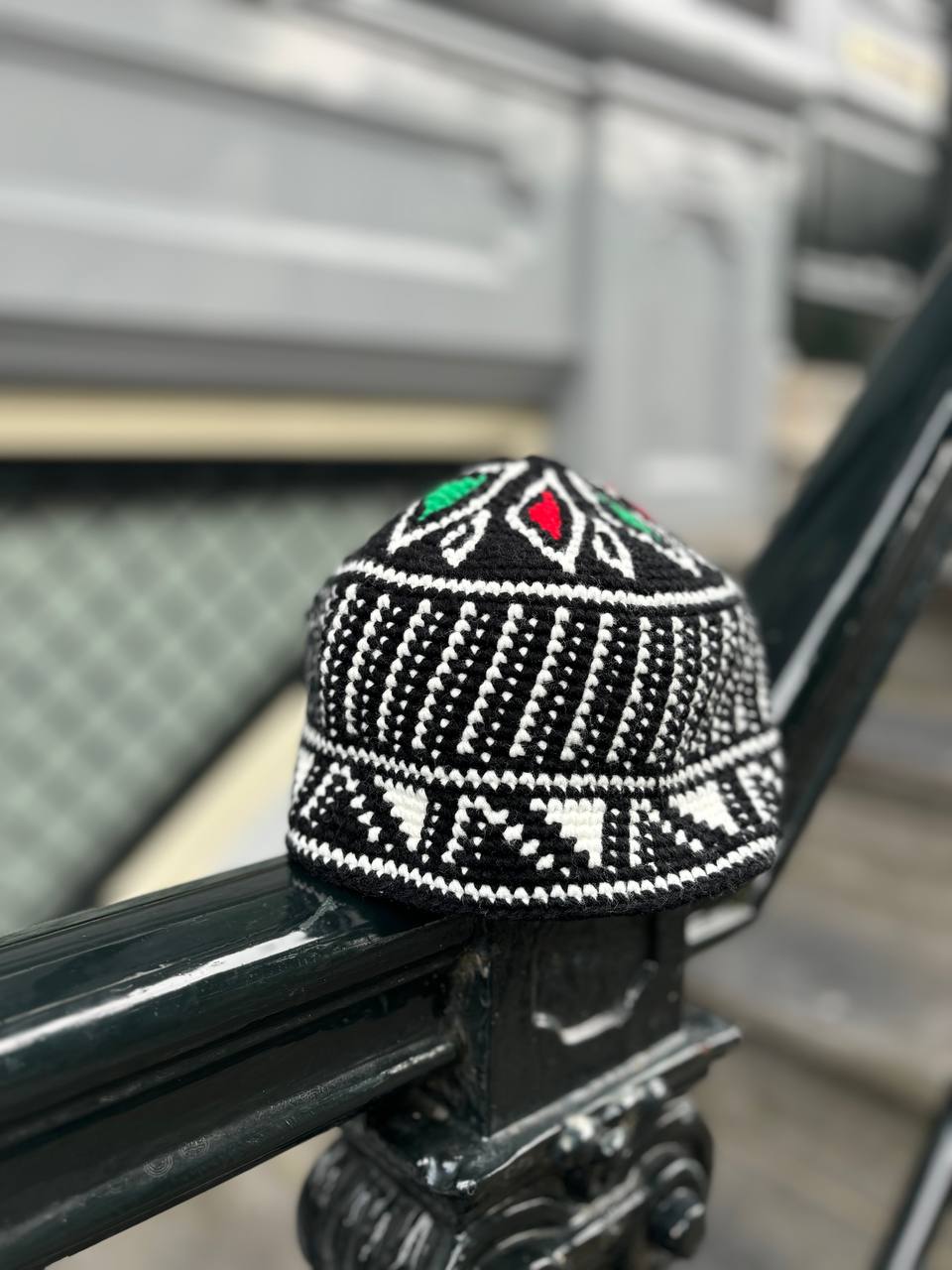 Kurdish Traditional Crochet Cap – Black & White with Red-Green Accents